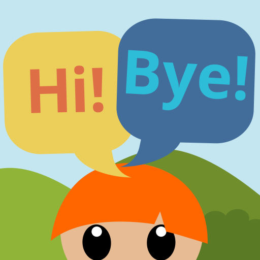 Bovenkant hoofd kind met oranje haar, met tekstballonnen 'Hi!' en 'Bye!'